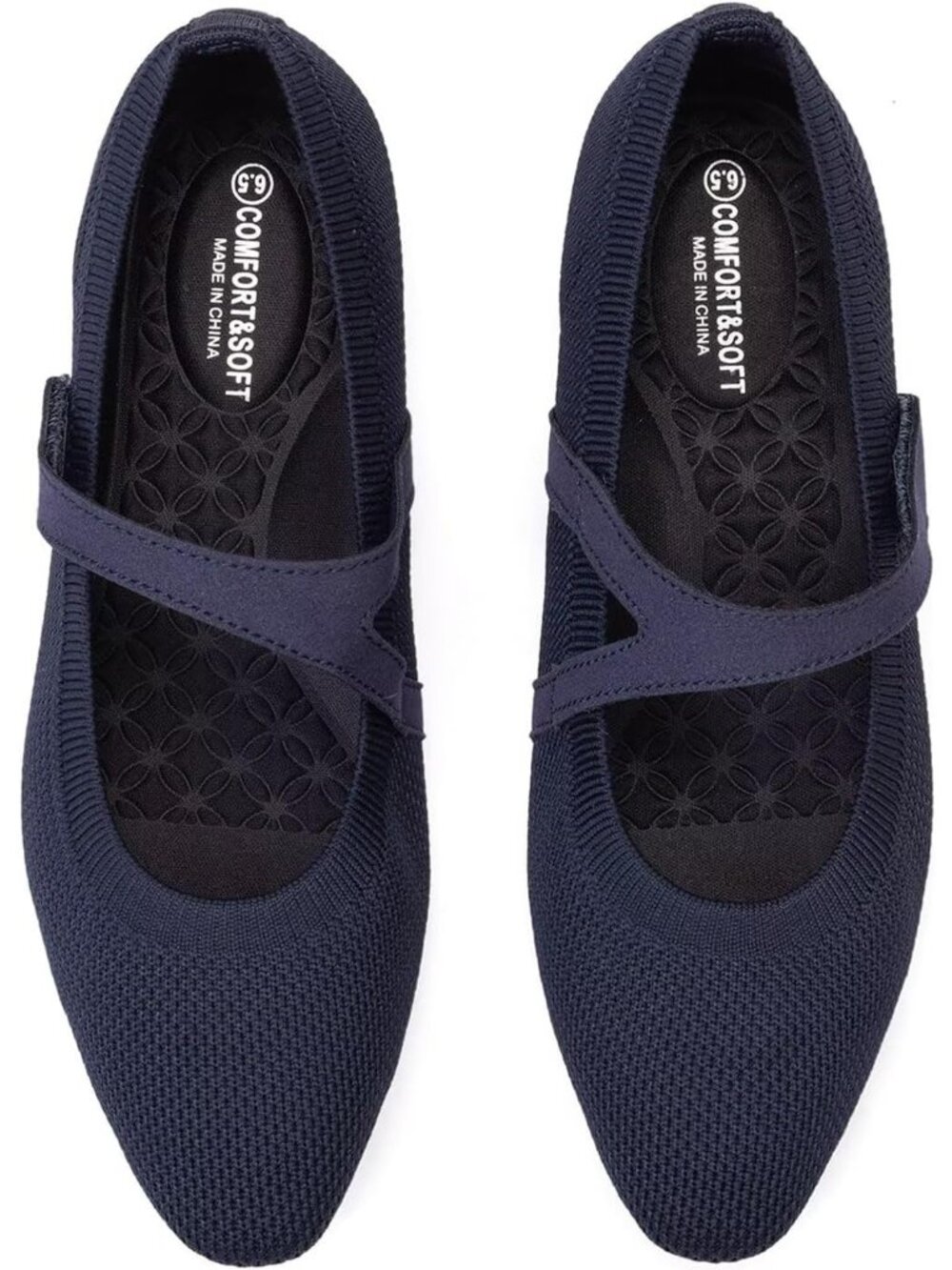 Women's Blue Knitted Mary Jane Square Toe Comfortable Ballet Flat Shoes